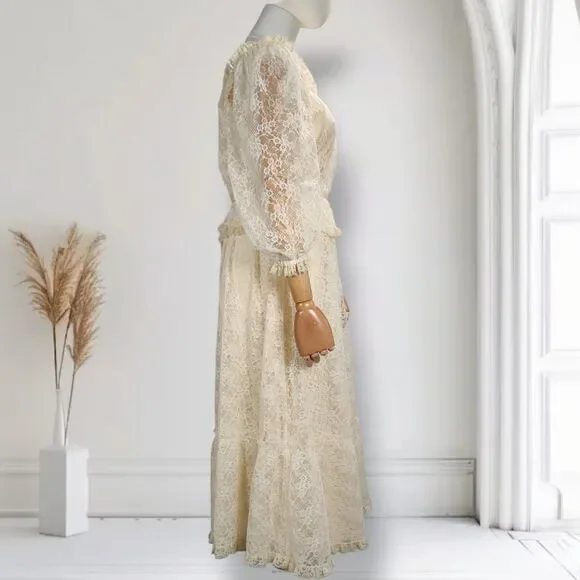Vintage 70s Lace Puff Sleeve Midi Dress Size 4 Boho Wedding Cocktail - Picture 2 of 14